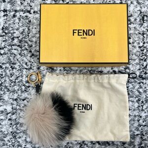 Fendi Fur Pom Pom Leather Bag Charm Keychain Key Ring $395 Black Beige